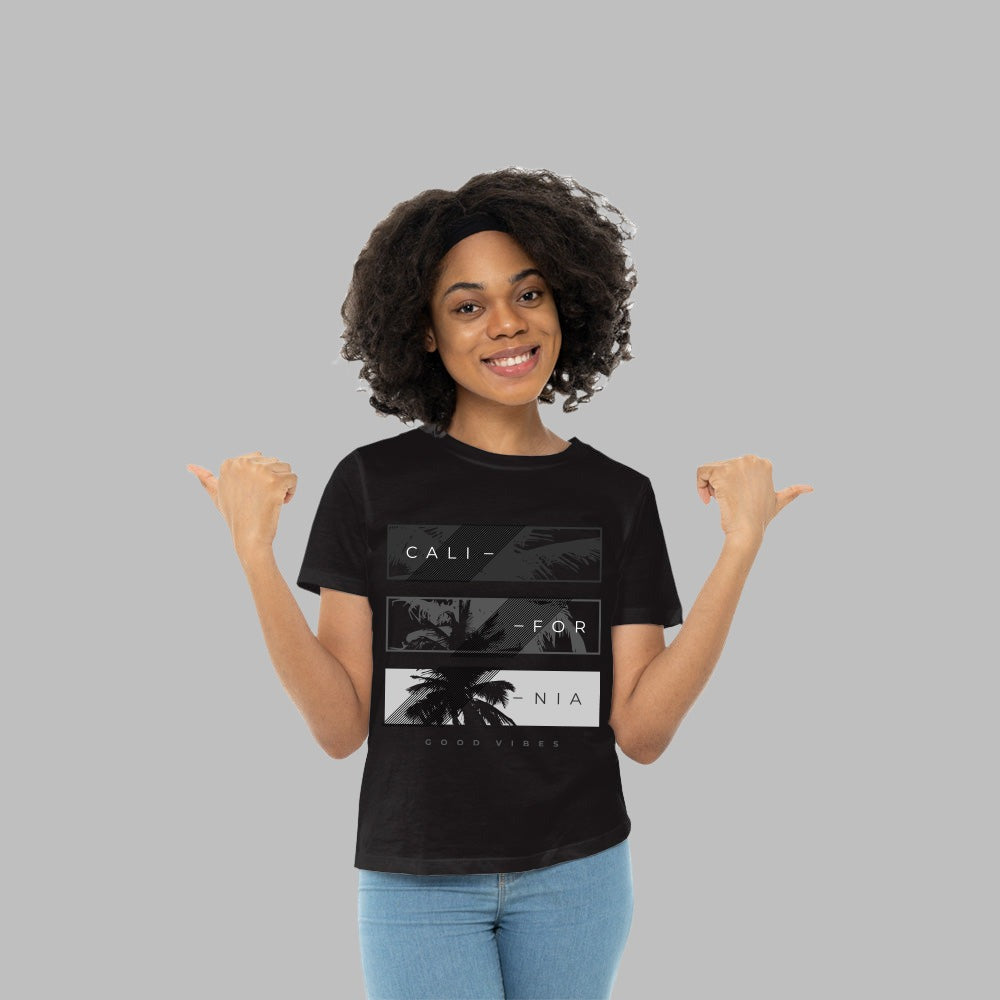 california graphic black womens tee with model