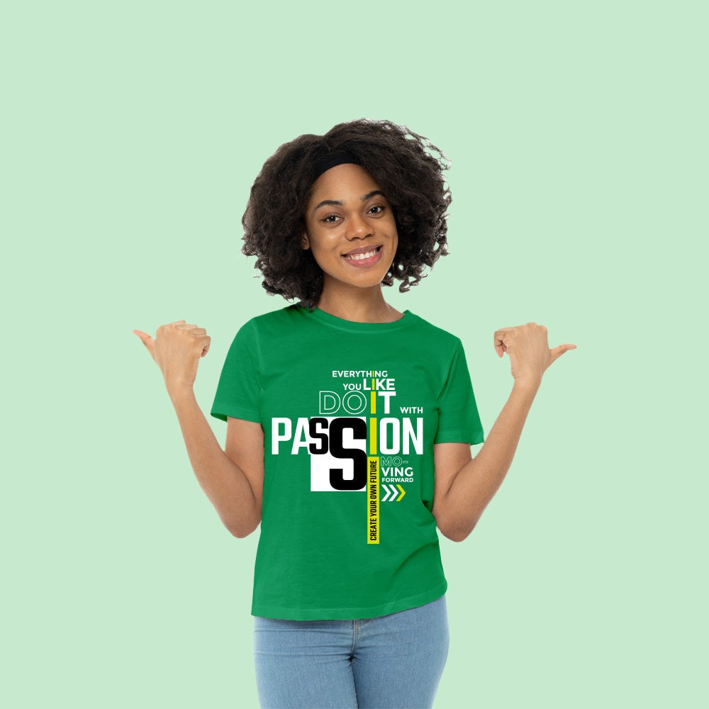 passion green  womens graphic tee with model